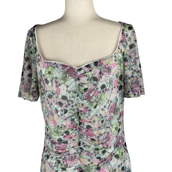 BCBGENERATION RUCHED MESH FLORAL MINI DRESS IN GARDEN‎ NWT WOMEN'S SIZE 16 - Picture 3 of 16